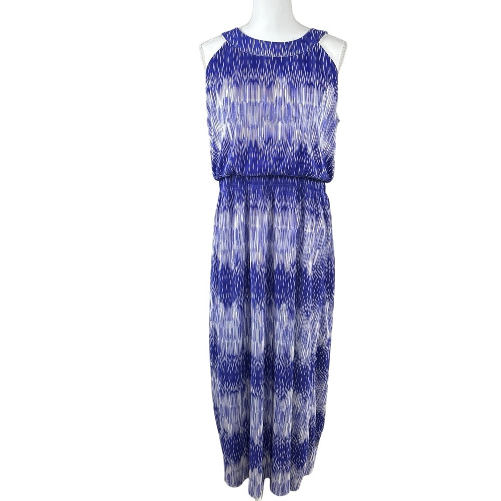 CHICOS‎ Maxi Dress Halter Womens Sz 2 Blue Textured Stretch Spring Summer Flowy